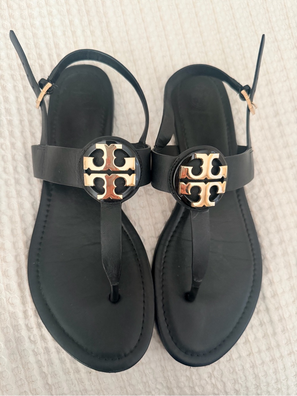 Tory Burch Black Sandal with Gold Logo Medallion